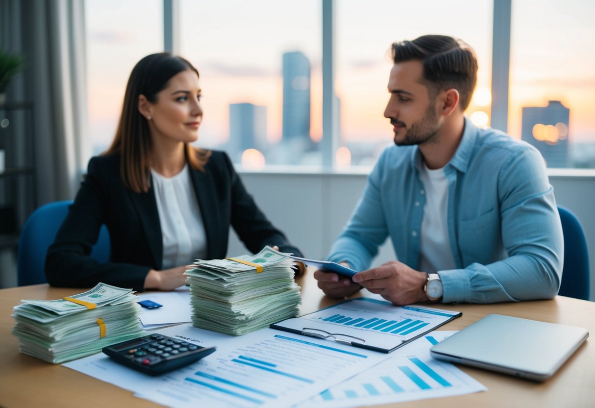 A couple sits at a table with a stack of bills, a calculator, and a budgeting spreadsheet spread out in front of them. They discuss their financial goals and future plans