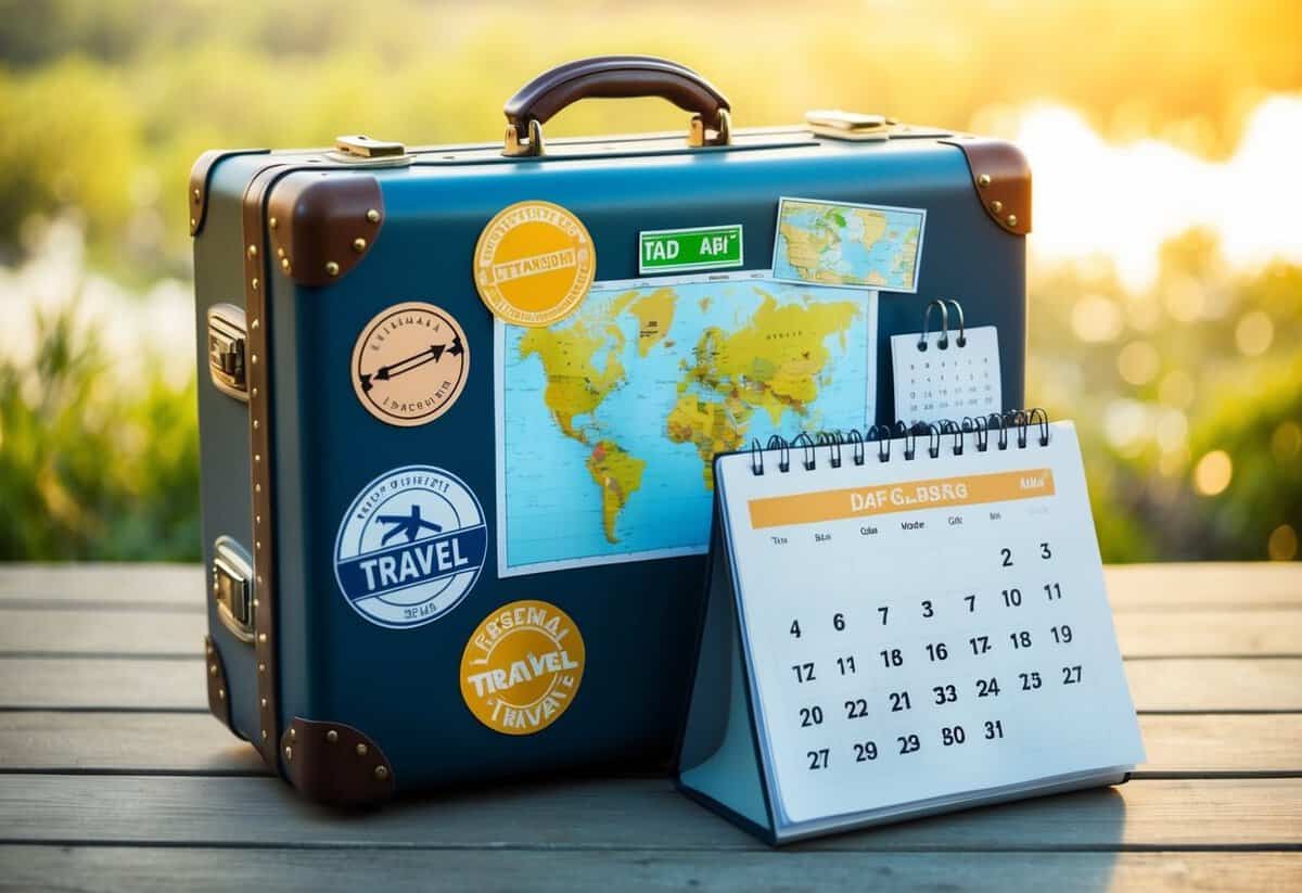 A suitcase with travel stickers, a map, and a calendar with a marked date