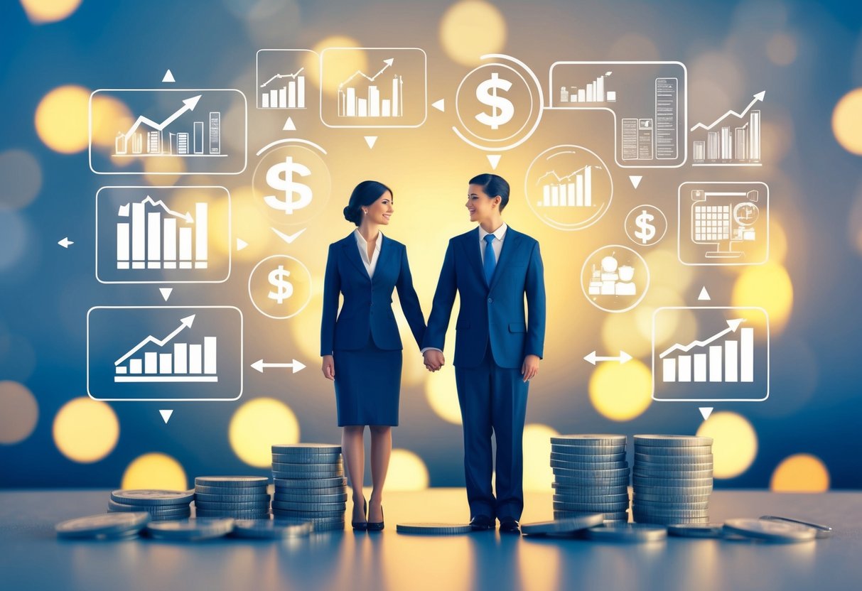 A couple stands amidst a colorful array of financial symbols and charts, representing their combined financial landscape