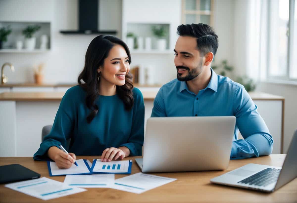 A couple sitting at a table, surrounded by financial documents and a laptop. They are discussing and planning their financial goals together