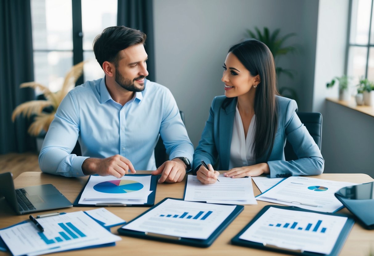 A couple sits at a table, surrounded by financial documents and legal papers. They discuss their financial goals and responsibilities