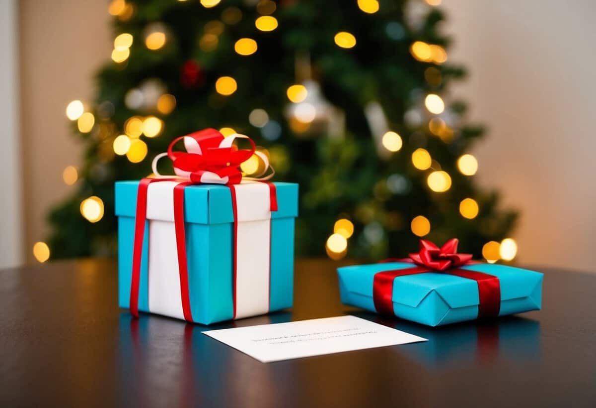 A gift box with a wrapped present and a card on a table