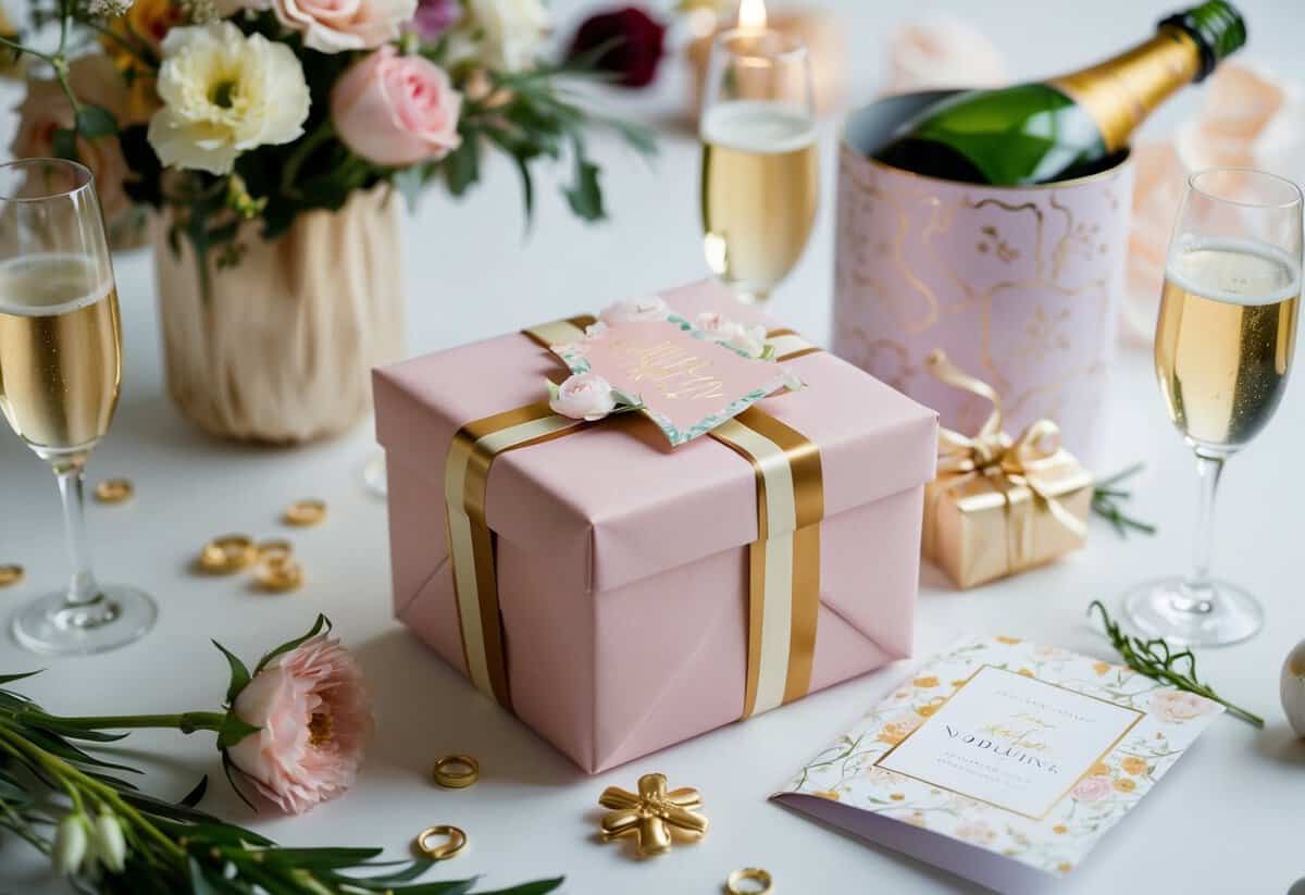 A beautifully wrapped gift box surrounded by various wedding-related items such as flowers, champagne glasses, and a decorative card