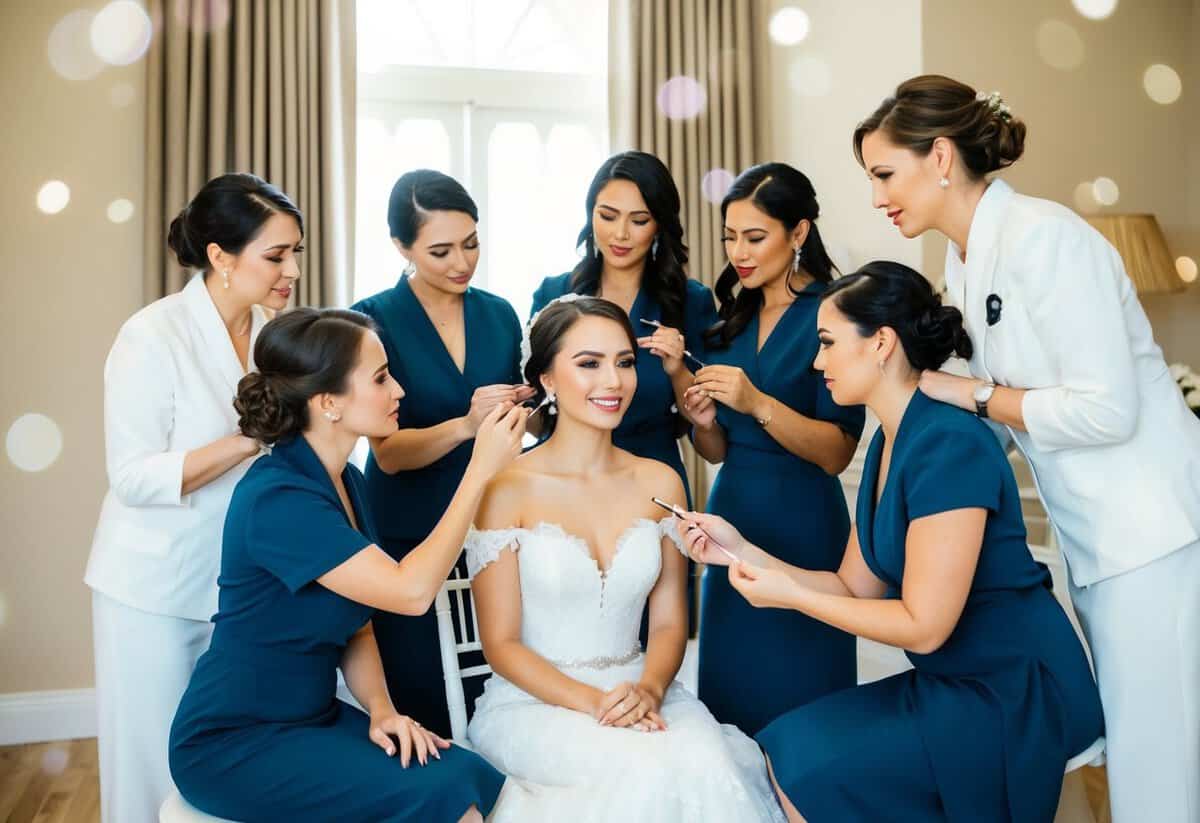 A group of beauty professionals surround a seated bride, applying makeup and discussing the order of services
