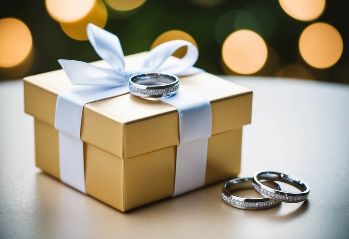 A gift box with a ribbon and two intertwined wedding rings on a table