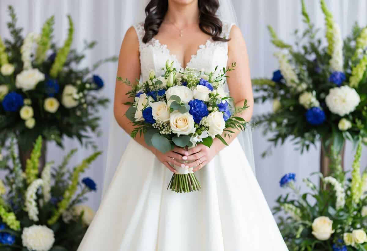A bride holding a bouquet in her wedding colors, surrounded by matching floral arrangements and decor