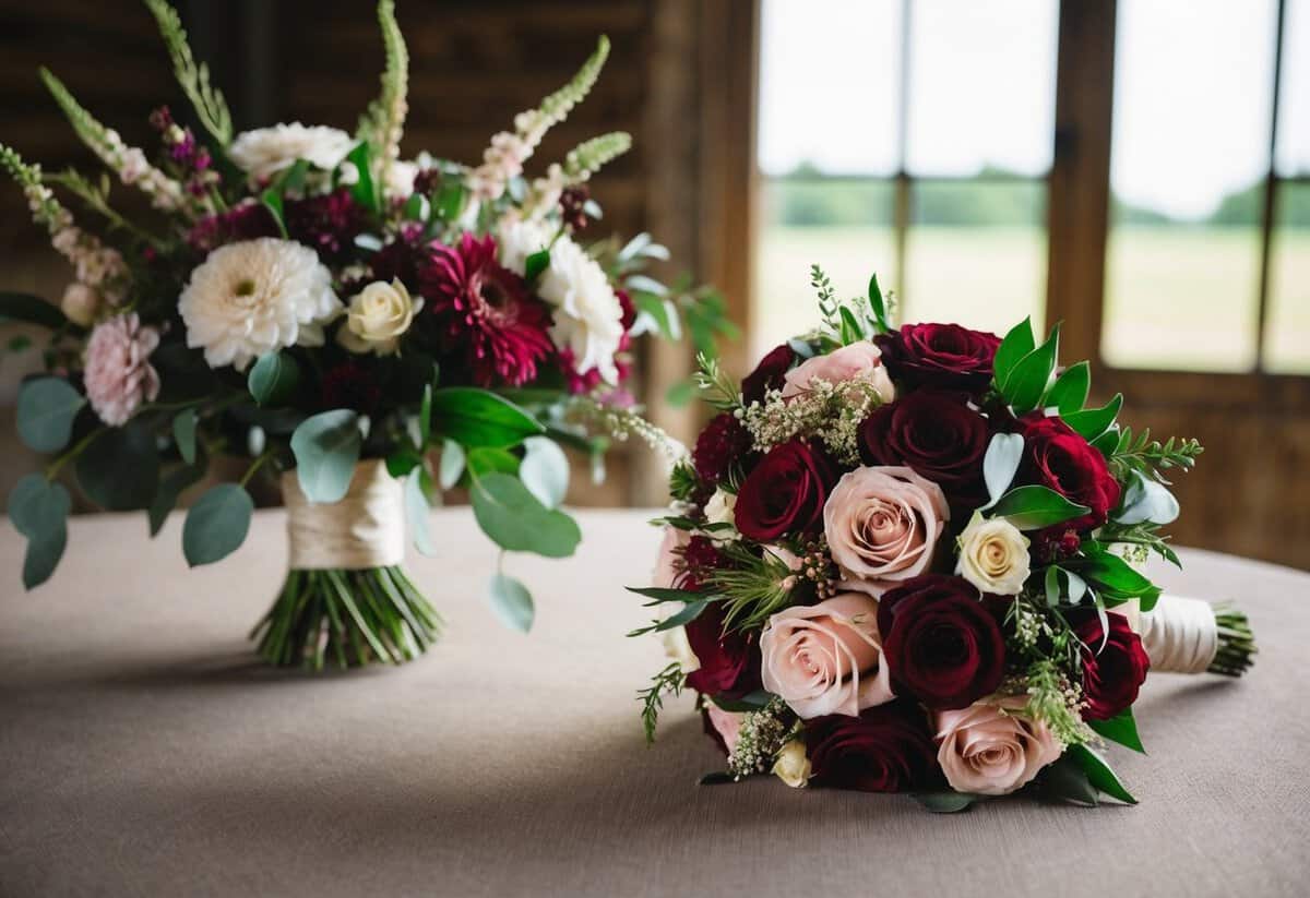 A bride's bouquet in shades of burgundy, blush, and ivory sits next to coordinating floral decor in a rustic, elegant wedding setting