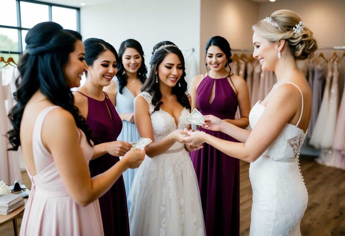 A bride handing over money to a group of bridesmaids while they try on dresses in a boutique