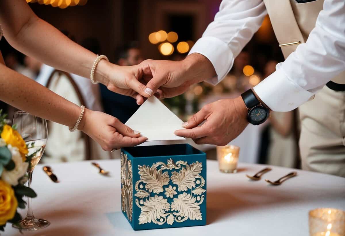 A couple placing an envelope into a decorative box at a wedding reception