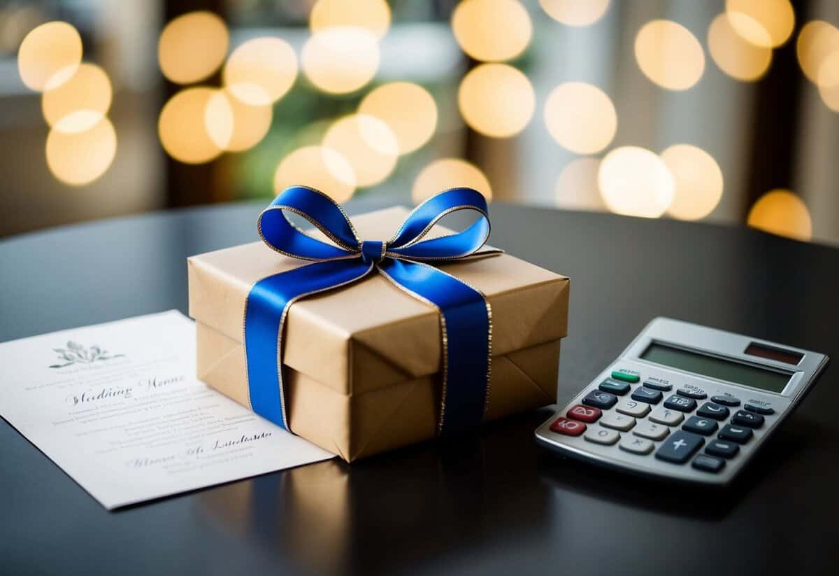 A wrapped gift box with a decorative bow sitting on a table next to a wedding invitation and a calculator