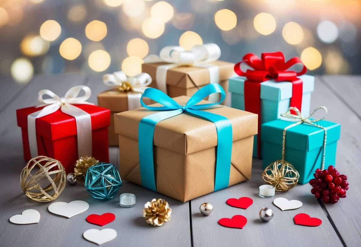 A beautifully wrapped gift box surrounded by various wedding-themed presents and decorations
