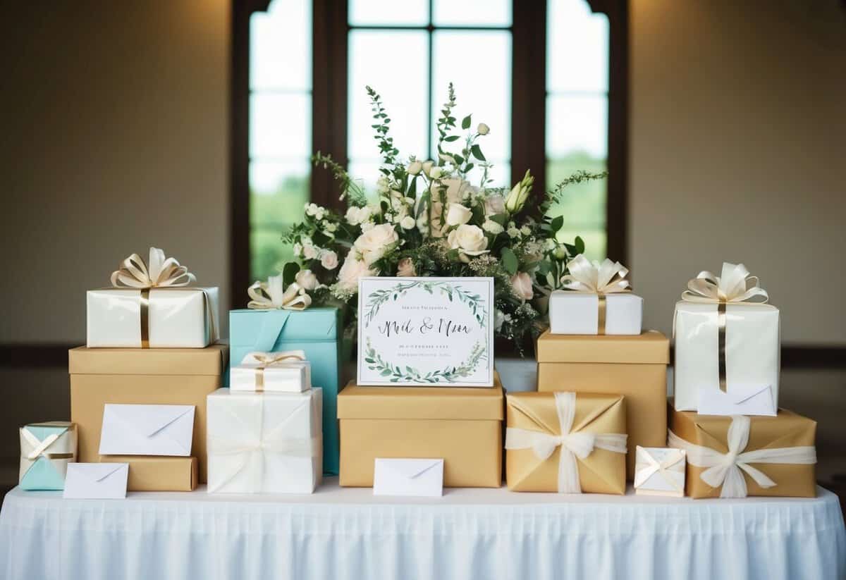 A wedding gift table with various wrapped presents and envelopes, a decorative sign with the couple's names, and a floral centerpiece