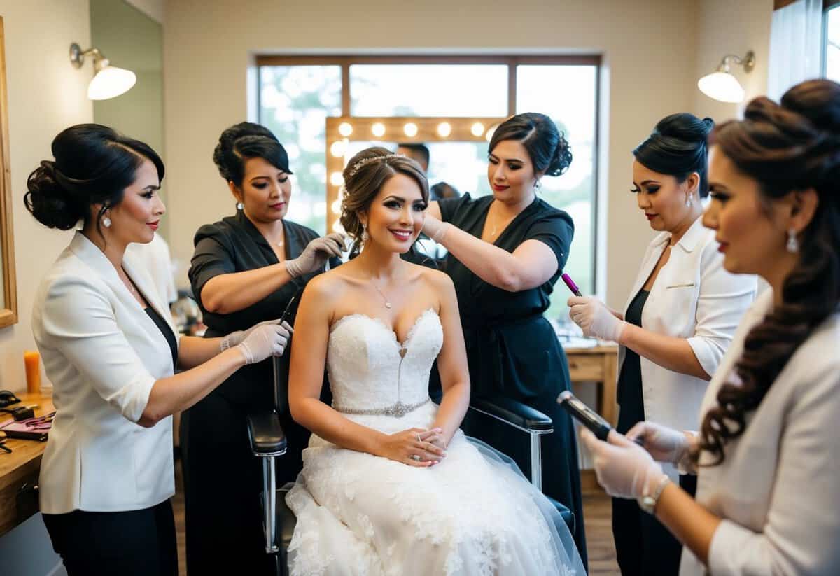 A bride sits in a chair, surrounded by hairstylists and makeup artists, as they prepare her for the wedding day