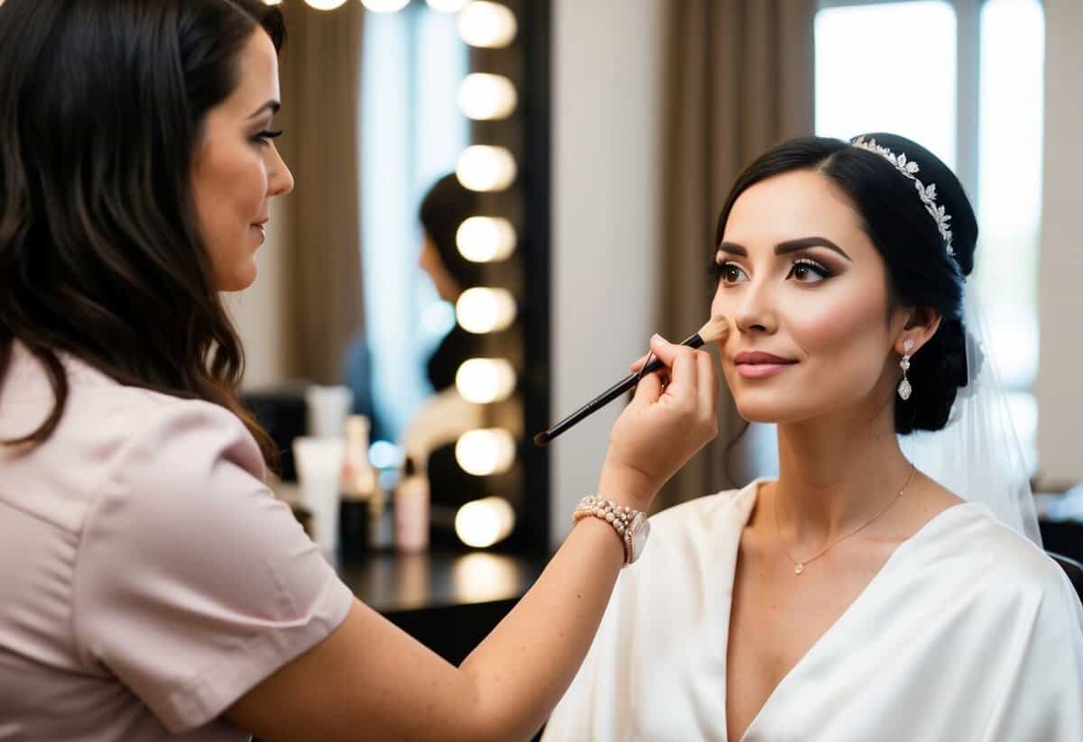A bride sitting in a makeup chair with a professional artist applying makeup for her wedding day