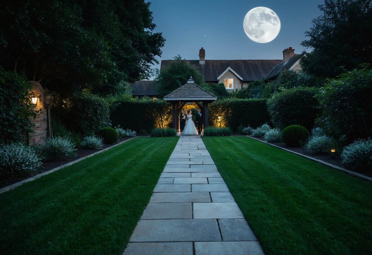 A moonlit garden with a path splitting into two, one leading to the bride's room and the other to the groom's, symbolizing the decision to see each other or not