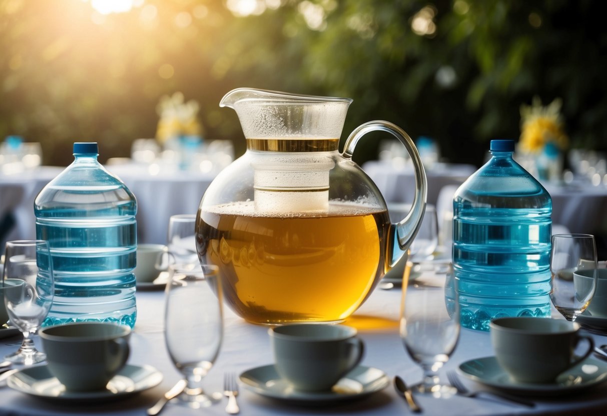 A large pitcher of tea and multiple jugs of water on a table, surrounded by cups and glasses for 100 guests