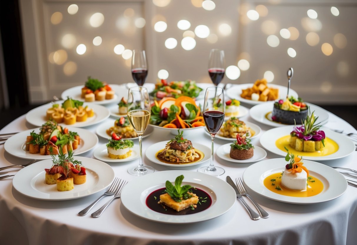 A table adorned with an array of elegant dishes, including a variety of appetizers, entrees, and desserts, all beautifully presented with vibrant colors and intricate garnishes