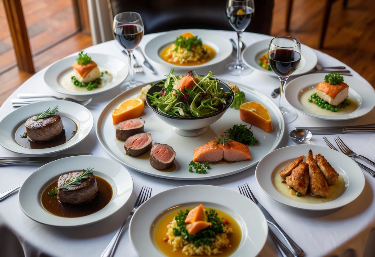 A beautifully set table with an array of elegant entrees and main courses, including dishes such as filet mignon, salmon, and stuffed chicken, all expertly prepared and presented