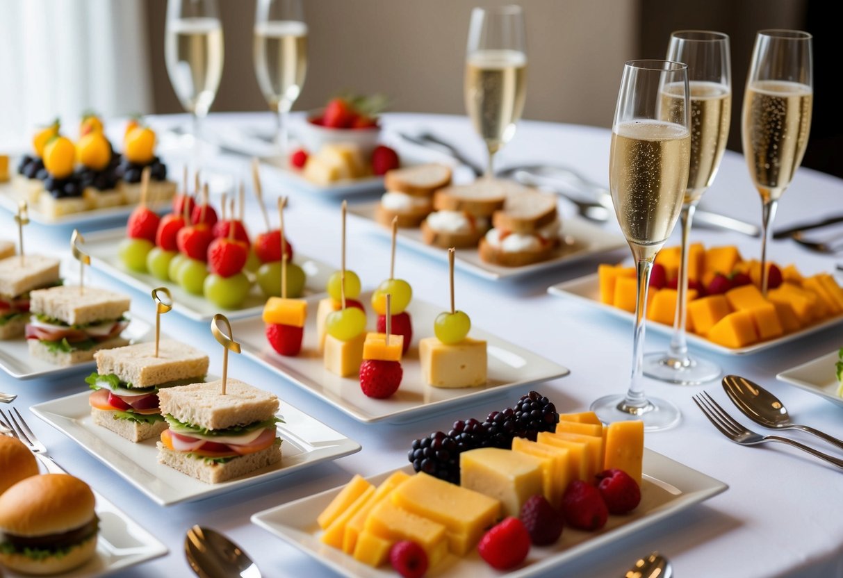A table spread with a variety of elegant finger foods and drinks, including mini sandwiches, fruit skewers, cheese platters, and champagne flutes