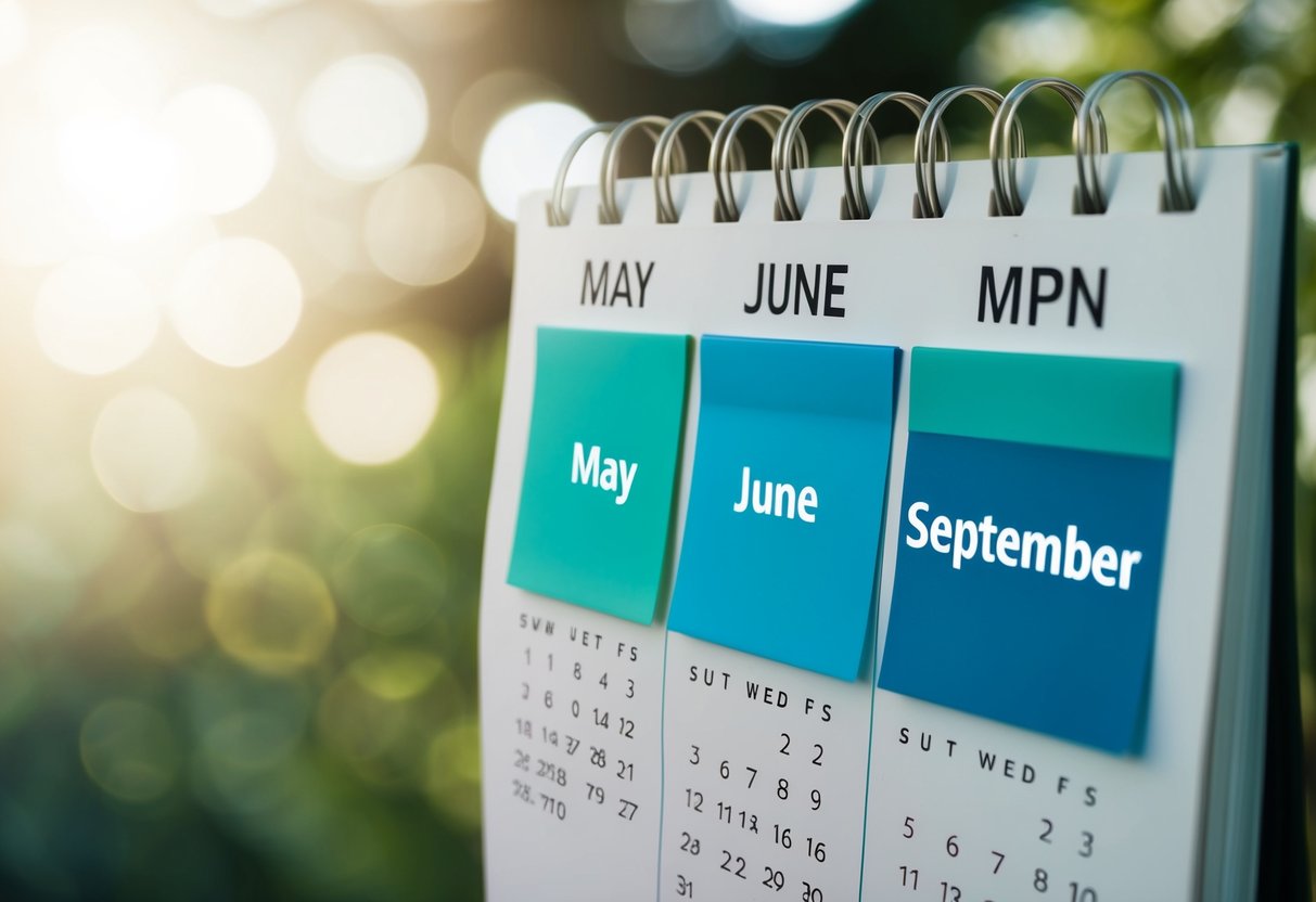 A calendar with highlighted months of May, June, and September, indicating the cheapest months for wedding planning