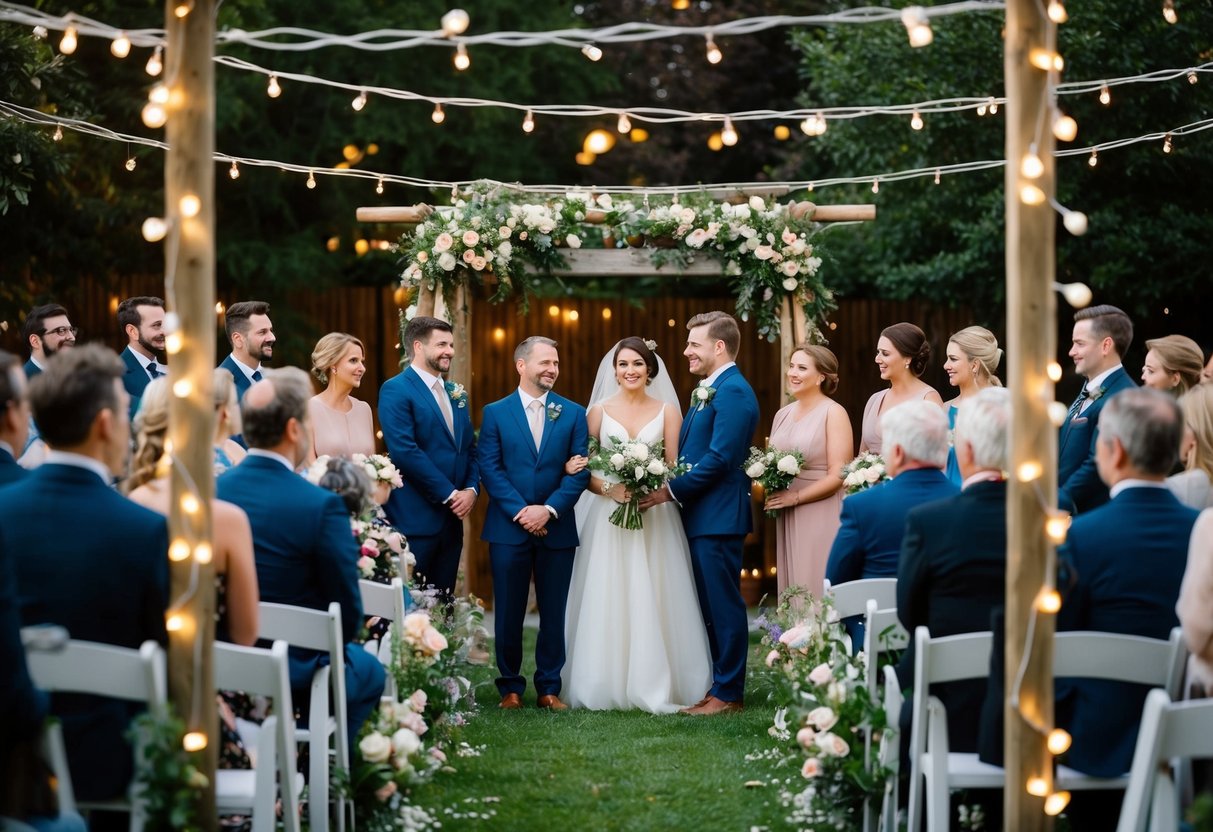 A cozy outdoor garden ceremony with a small group of loved ones, surrounded by twinkling lights and blooming flowers