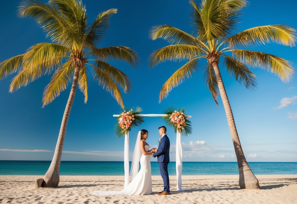 A sunny beach with palm trees and a clear blue sky, a couple exchanging vows under a simple arch decorated with tropical flowers