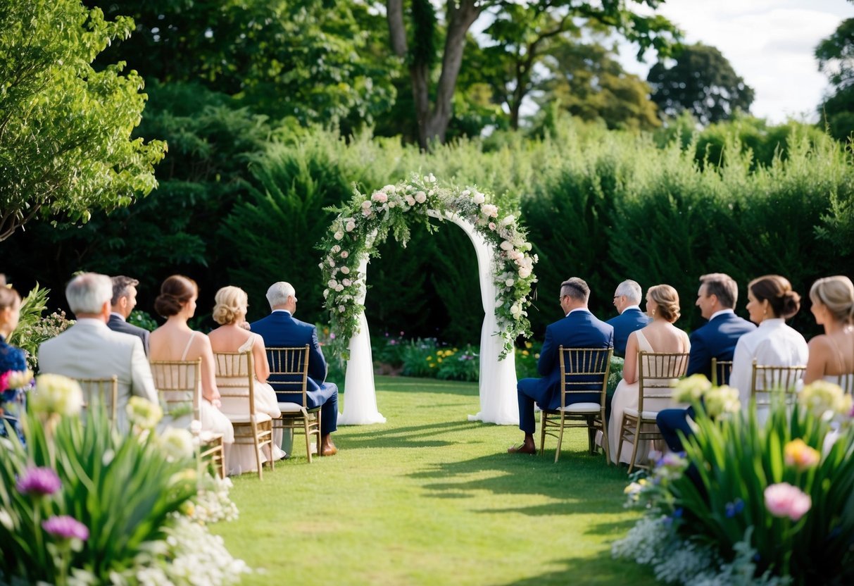 A serene garden with a small, elegantly decorated wedding arch surrounded by lush greenery and blooming flowers. A few close family and friends are seated in intimate, socially distanced clusters