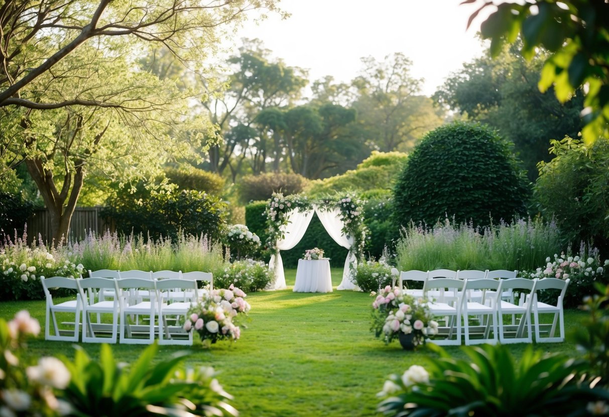 A serene garden with a small, intimate wedding setup surrounded by blooming flowers and lush greenery, with a gentle breeze and soft sunlight streaming through the trees