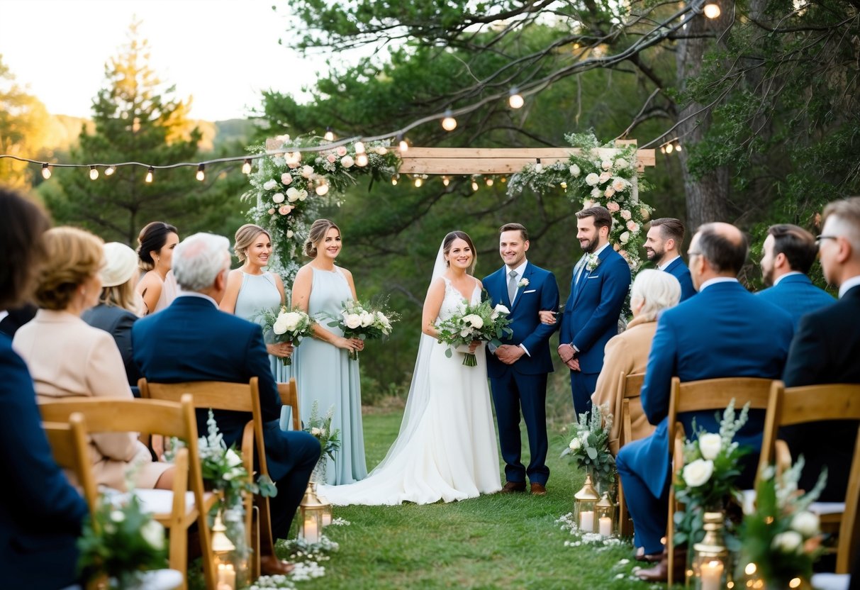 A cozy outdoor ceremony with a small group of loved ones surrounded by nature, twinkling lights, and delicate floral arrangements