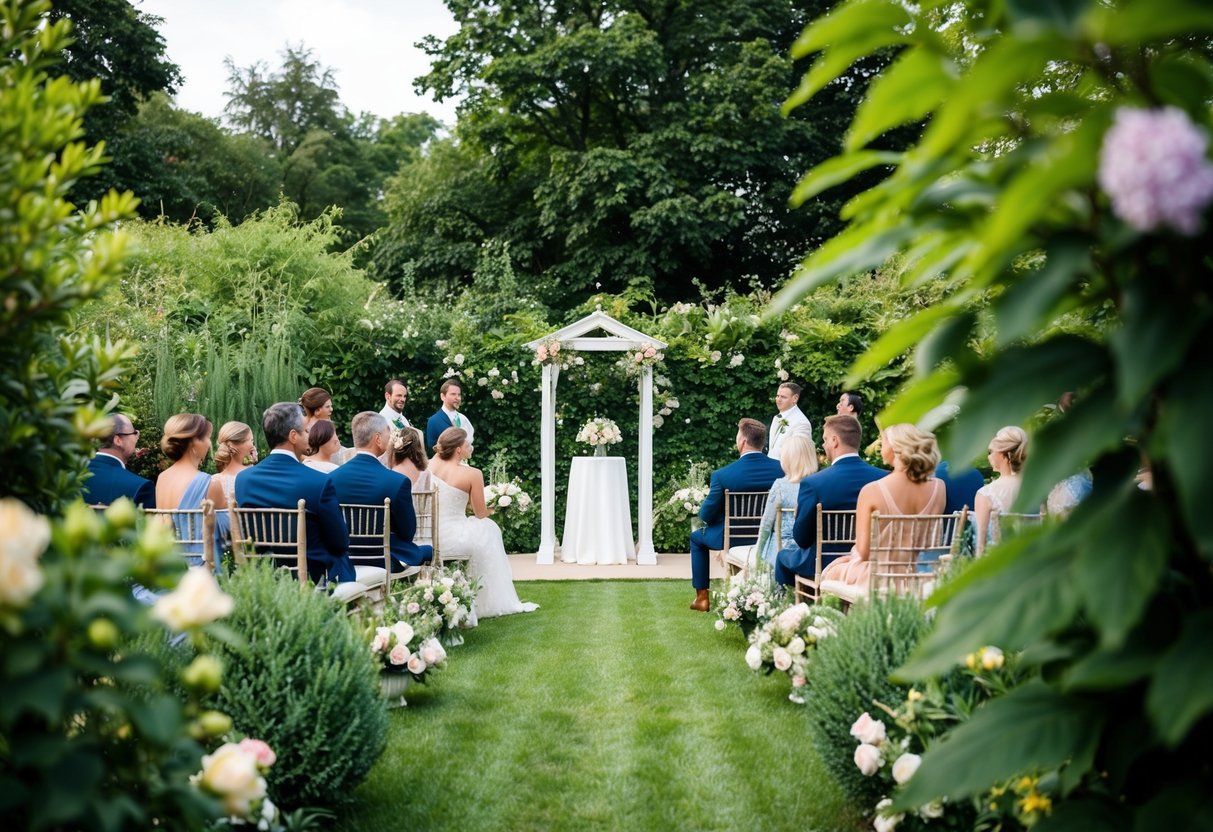 A serene garden setting with a small, elegant wedding altar surrounded by lush greenery and blooming flowers. A few close family and friends are seated in a socially distanced manner, sharing in the intimate celebration