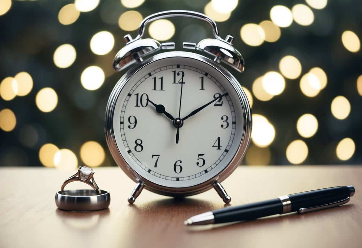 A clock showing 3 minutes passing, with a wedding ring and a pen on a table