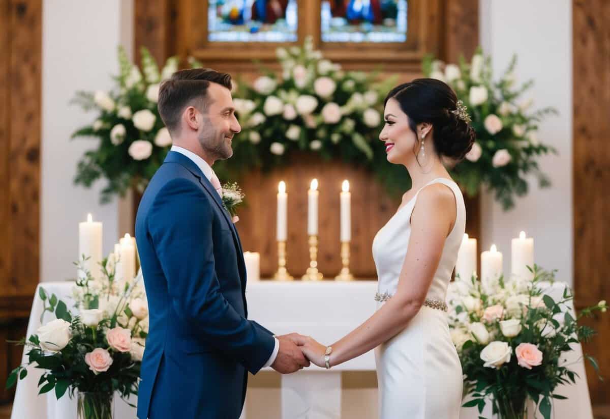 A couple standing at the altar, facing each other with a serene expression, surrounded by flowers and candles, as they exchange heartfelt vows