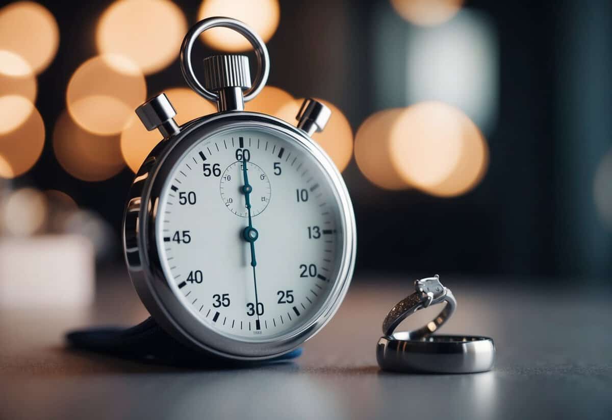 A stopwatch ticking past the 3-minute mark, with a pair of wedding rings resting on a table nearby