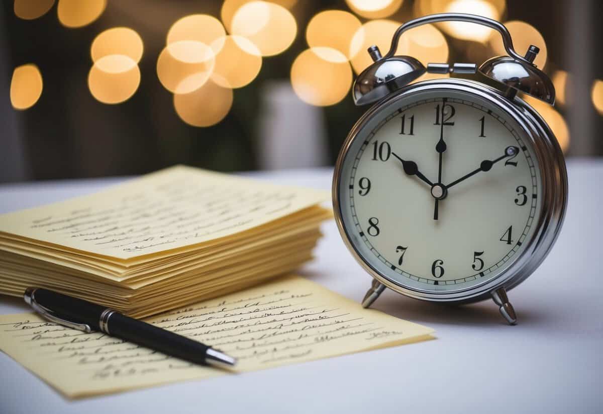 A clock with hands at 3 minutes past the hour, next to a stack of handwritten vows