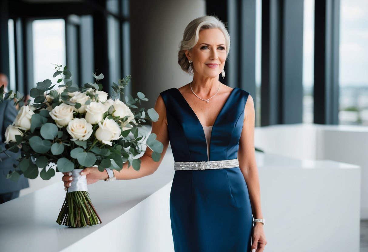 The mother of the groom is wearing a deep navy blue dress with silver accents, standing beside a bouquet of white roses and eucalyptus