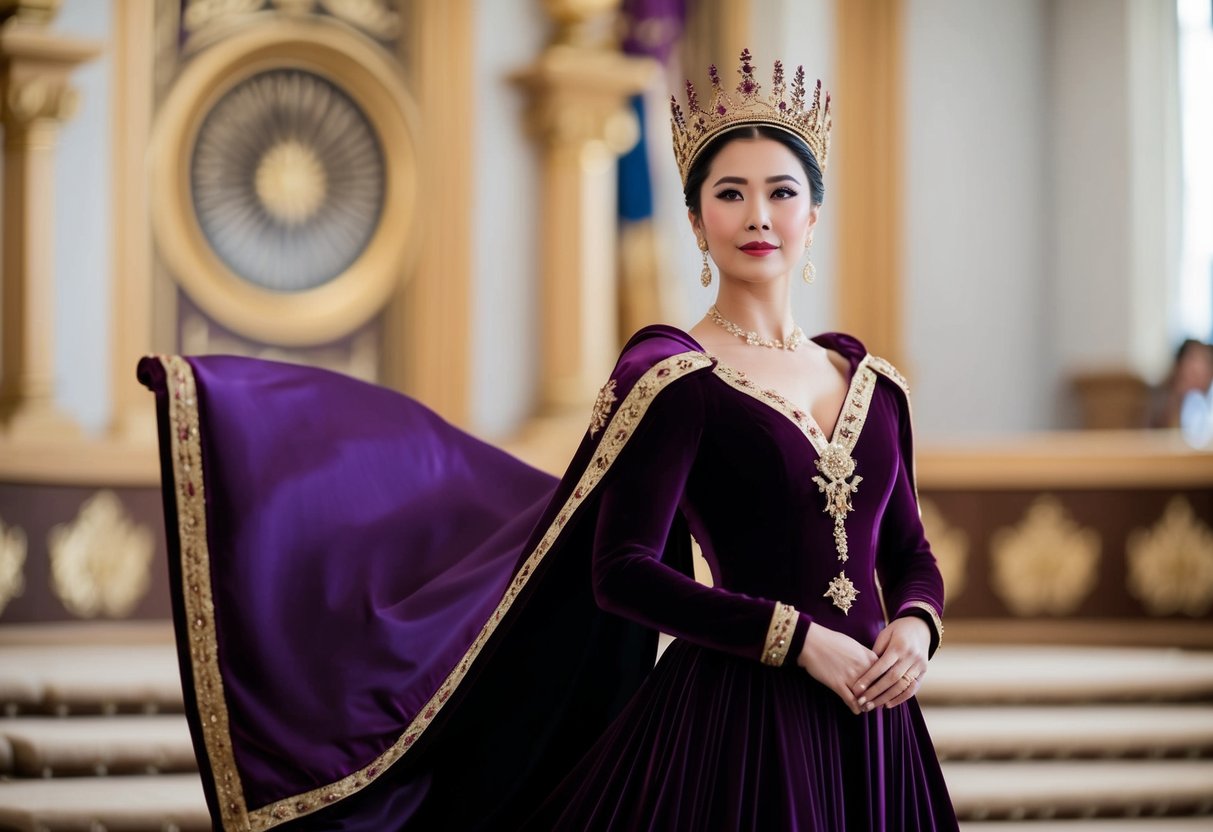 A regal woman in a rich, deep purple gown, adorned with gold accents and a matching headpiece, stands with grace and poise
