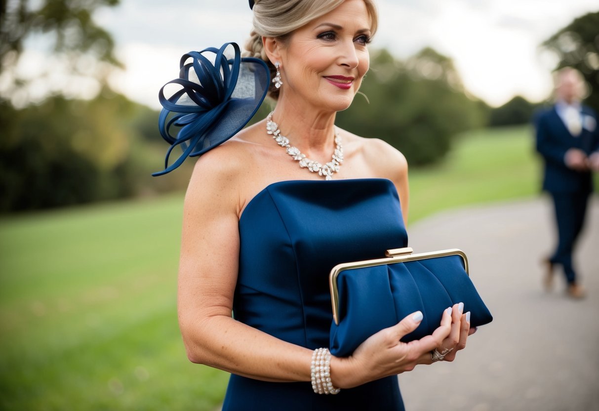 A mother of the groom holding a deep navy blue clutch and wearing a matching navy blue fascinator in her hair