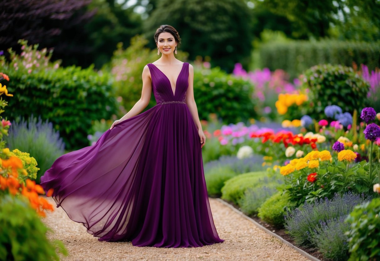 A woman in a flowing gown stands in a garden, surrounded by colorful flowers and greenery. She wears a regal shade of deep purple, complementing the vibrant setting