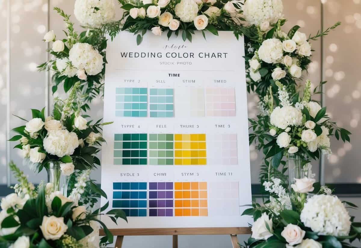 A wedding color chart with swatches arranged by type and time, surrounded by elegant floral arrangements and decor