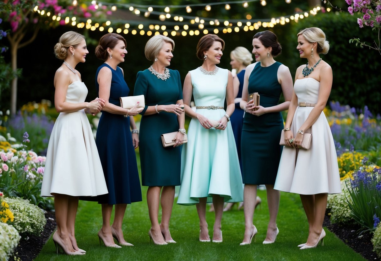 Women in elegant dresses and high heels mingle in a garden filled with blooming flowers and twinkling lights, while holding delicate clutches and wearing statement jewelry
