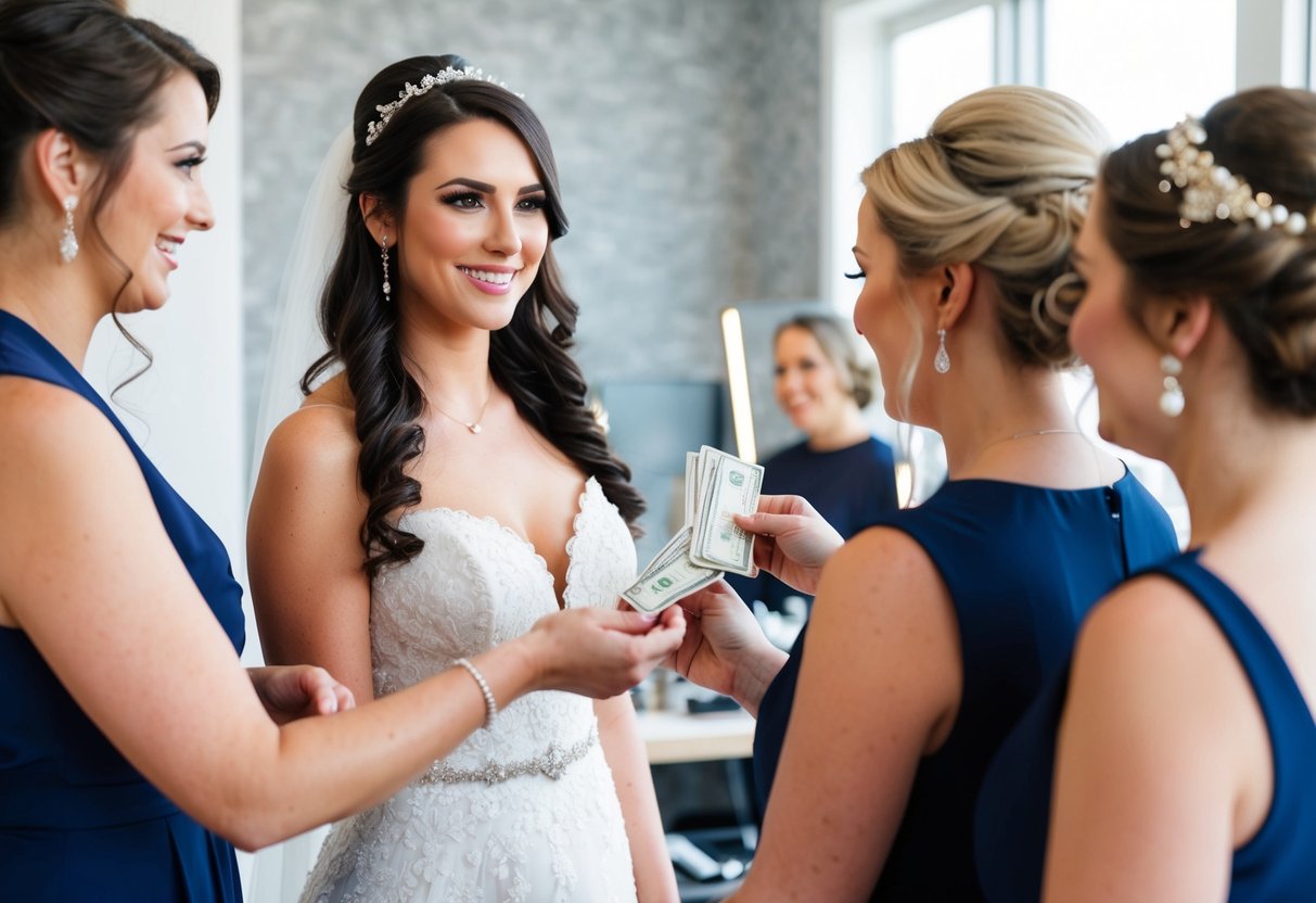 A bride handing money to a hairstylist and makeup artist for her bridesmaids
