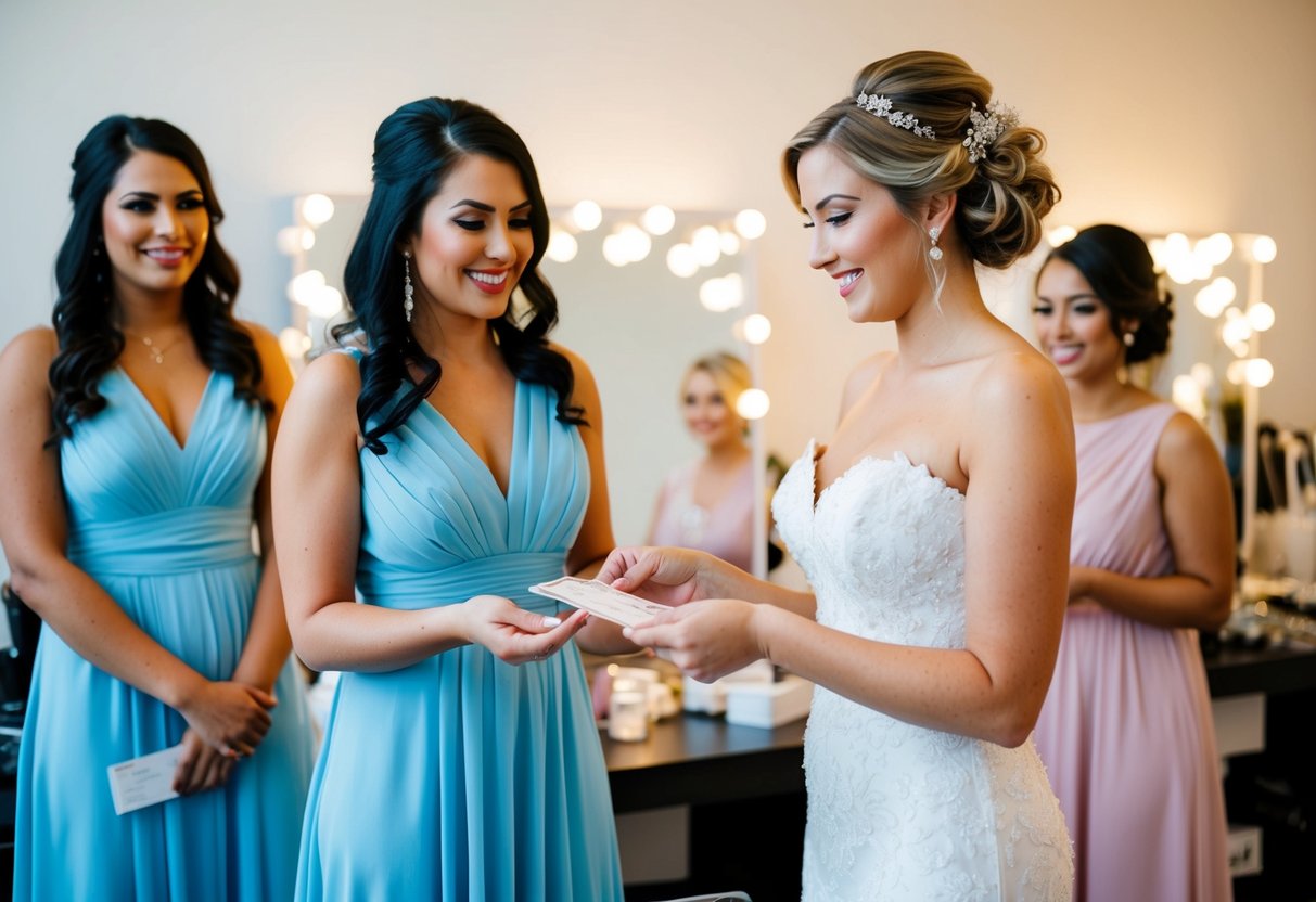 A bride handing over payment to a hairstylist and makeup artist for her bridesmaids