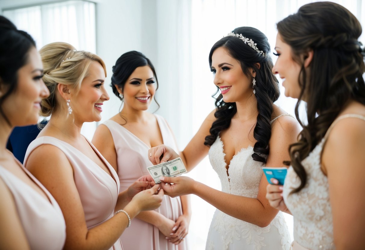 A bride handing over money to a hairstylist and makeup artist for her bridesmaids