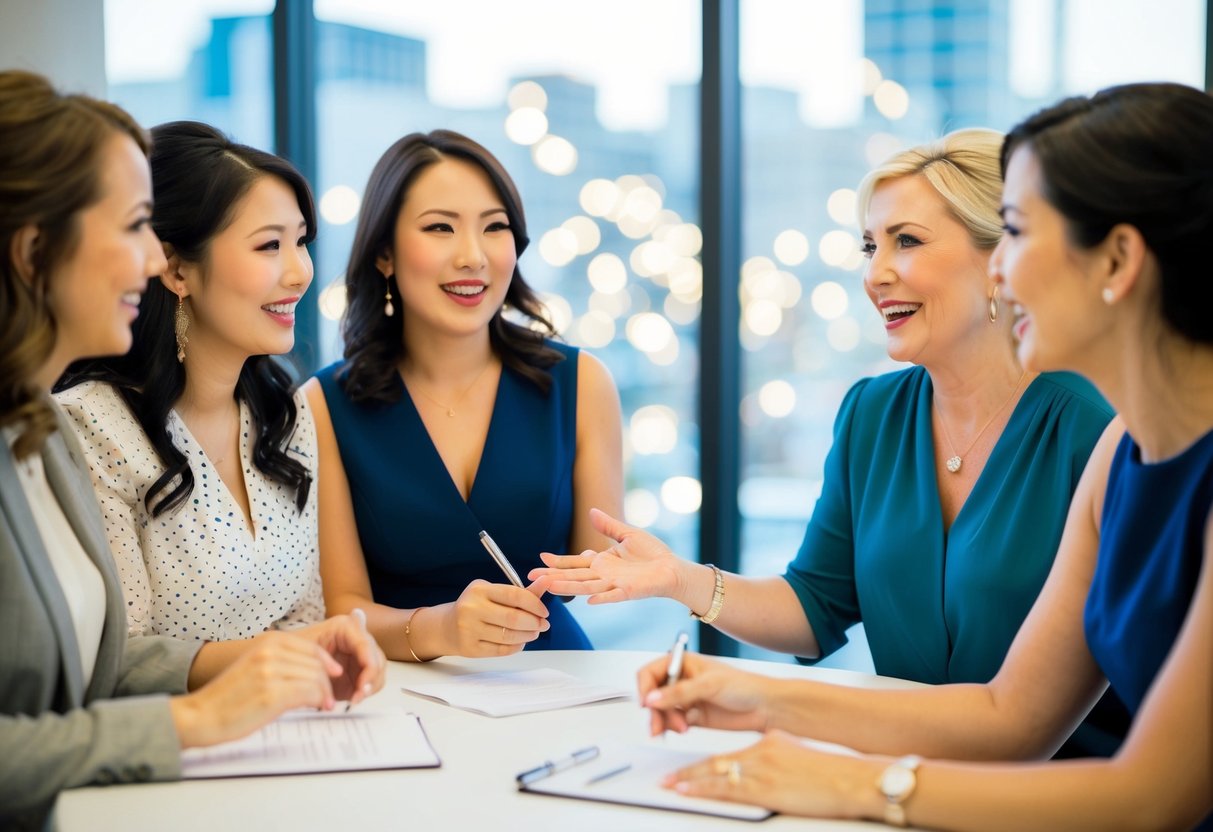 A group of women sitting around a table, discussing wedding plans. One woman holds a pen and paper, while the others gesture and talk animatedly