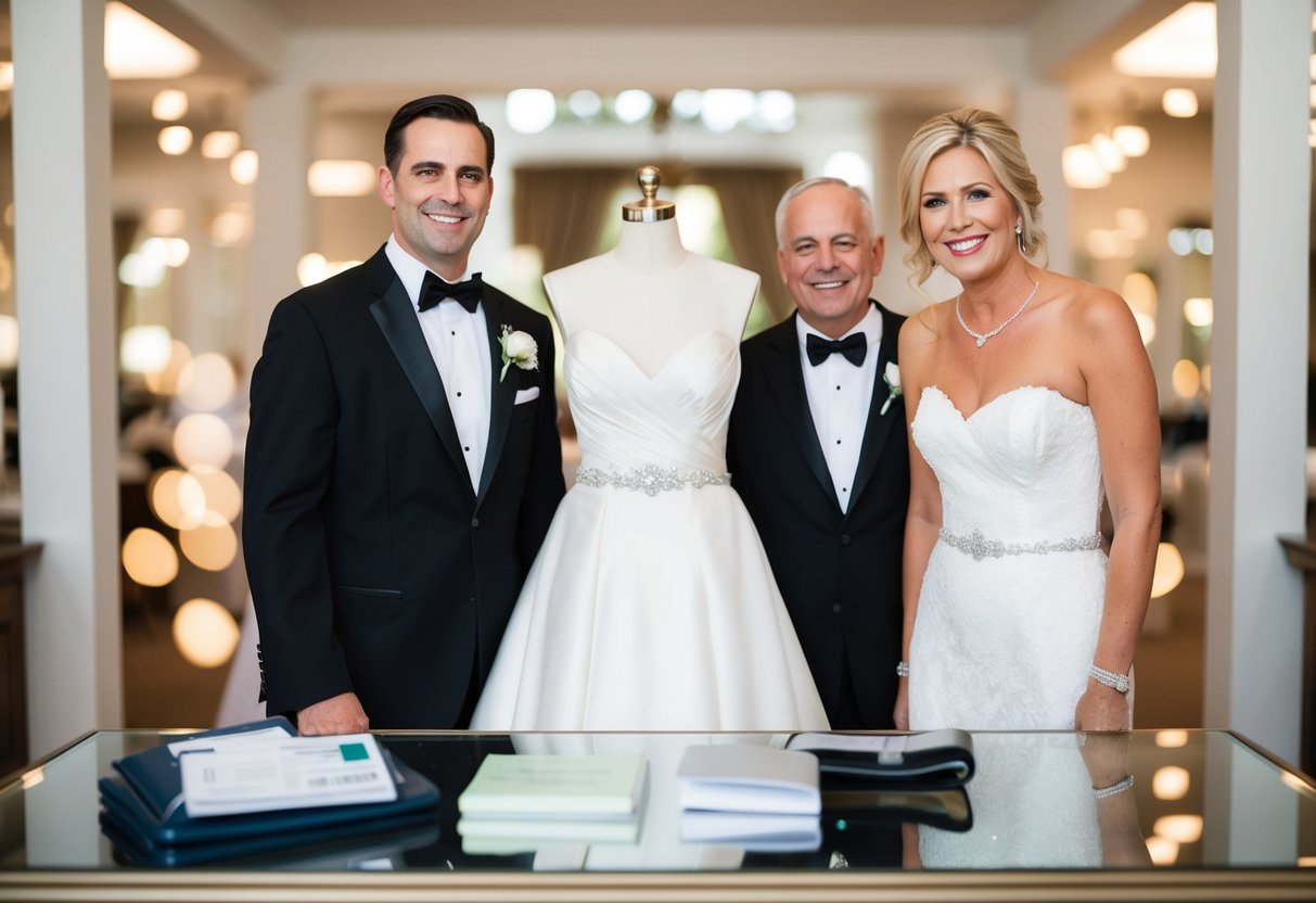 A wedding dress, tuxedo, and accessories displayed with a checkbook and smiling parents in the background