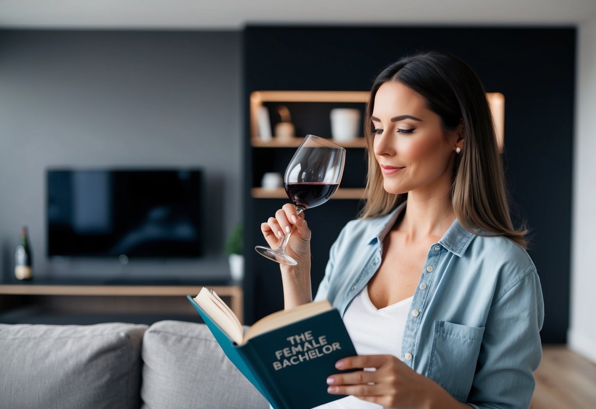 A single woman in a modern apartment, sipping wine and reading a book titled "The Female Bachelor."