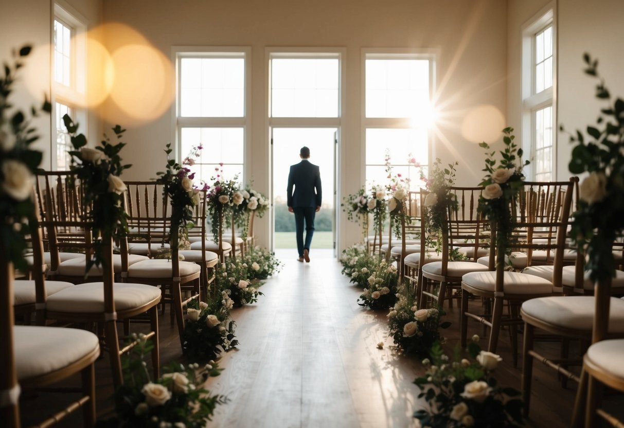 A lone figure walks down a flower-lined aisle, sunlight streaming through the windows, casting a warm glow on the path ahead