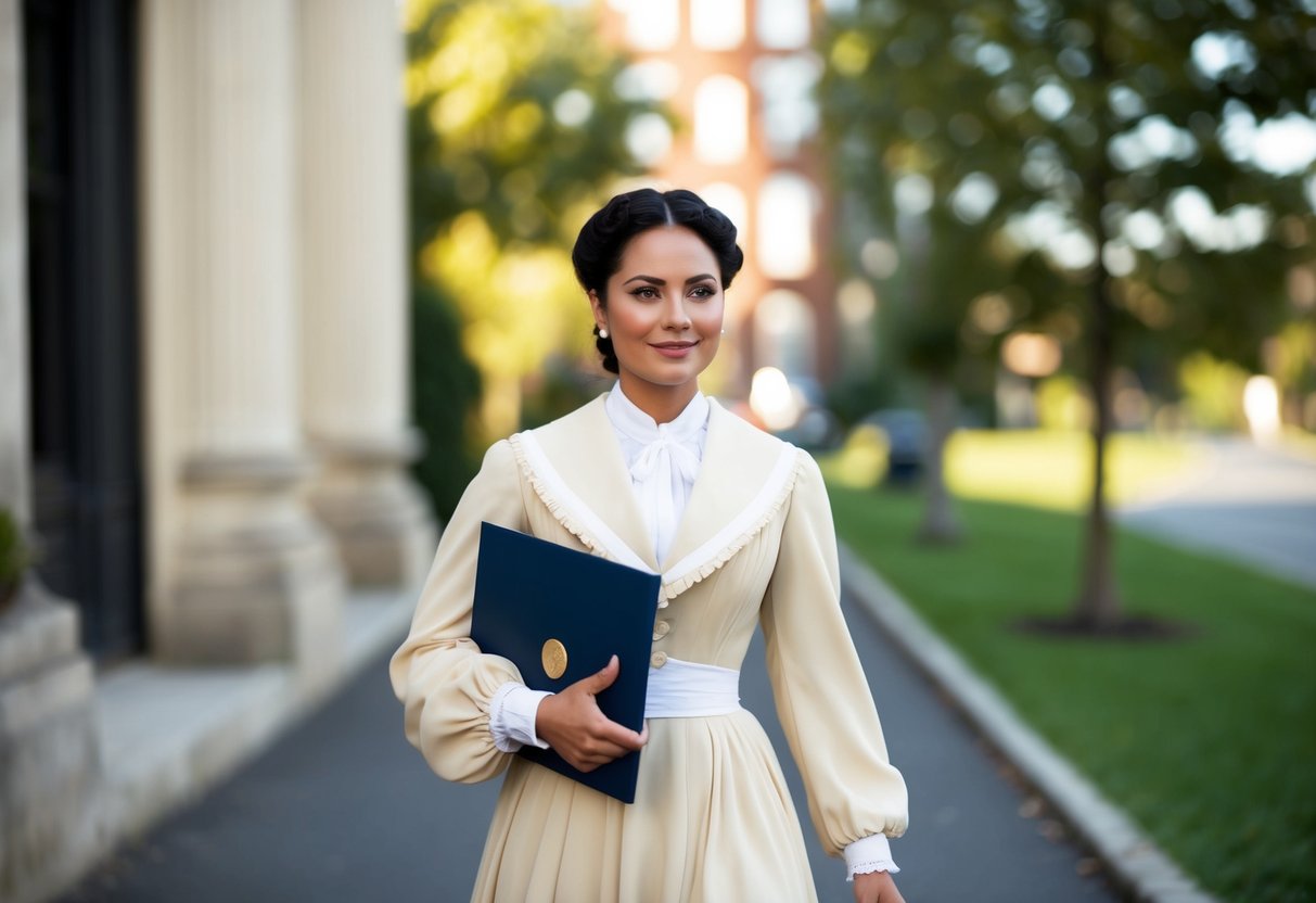 A single woman in 19th century attire, confidently walking alone with a diploma in hand