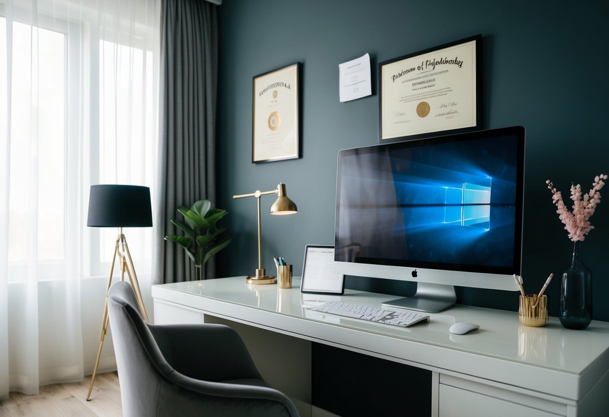 A modern, stylish apartment with a sleek desk and computer. Feminine decor and a diploma on the wall