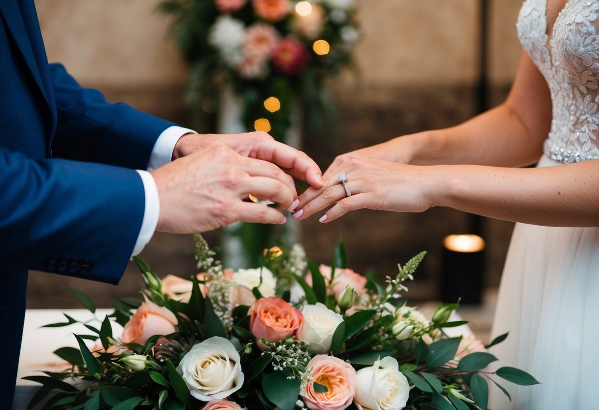 A couple's hands exchanging wedding rings on a floral-covered altar